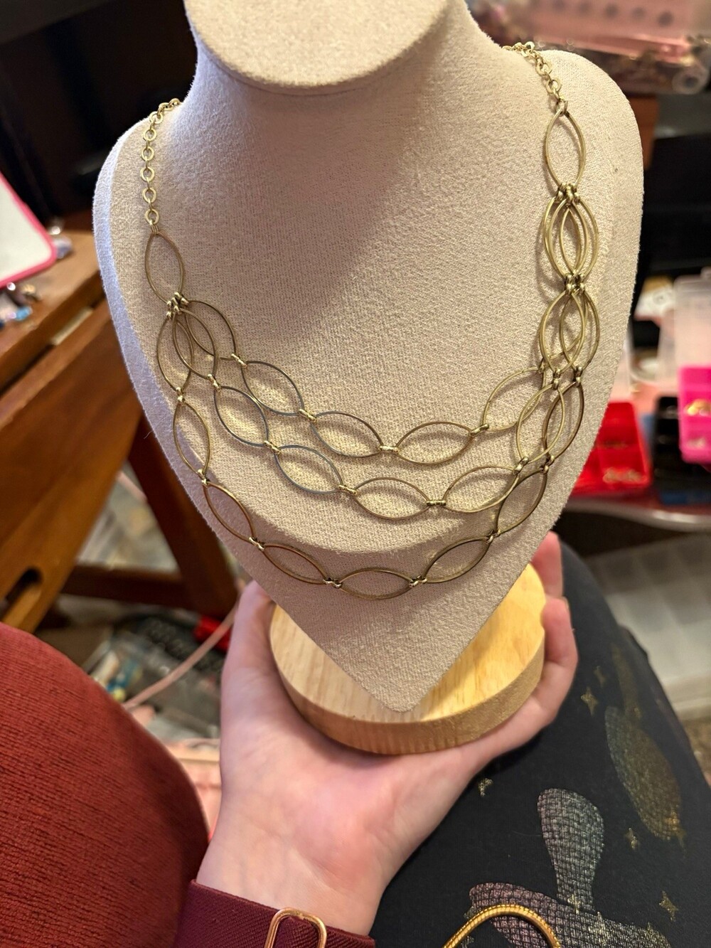 Avon Gold Tone 3 Strand Open Marquise Link Statement Necklace Signed